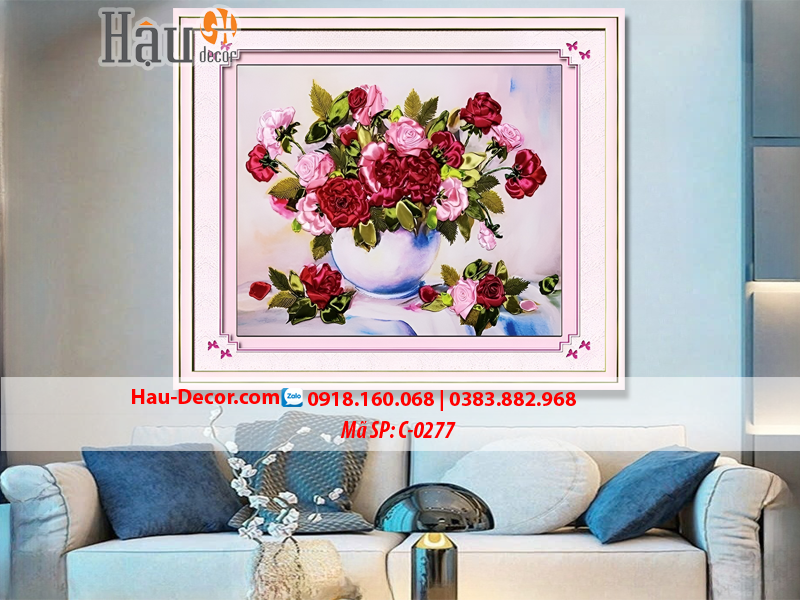 Kit tranh thêu ruy băng Lọ Hoa Hồng Nghệ Thuật C-0277