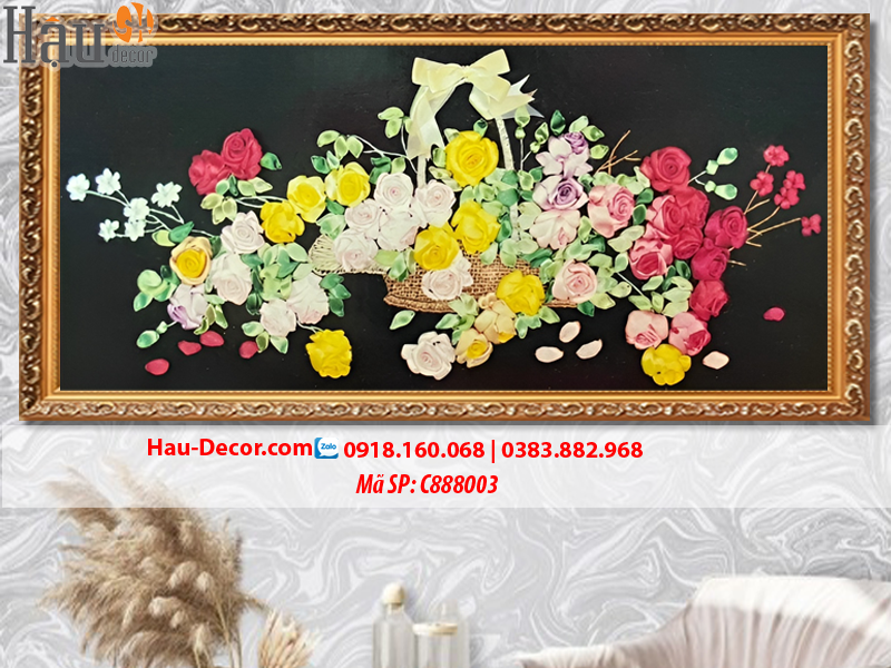 Kit tranh thêu ruy băng Giỏ Hoa Hồng Khoe Sắc C888003