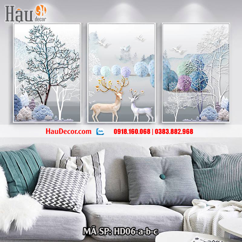 Tranh treo tường hiện đại bộ 3 bức Rừng Nhiệt Đới 3D HD06-a-b-c