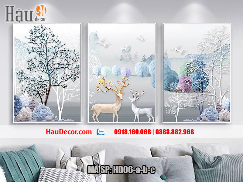 Tranh treo tường hiện đại 3D bộ 3 bức Hươu Tài Lộc HD06-a-b-c