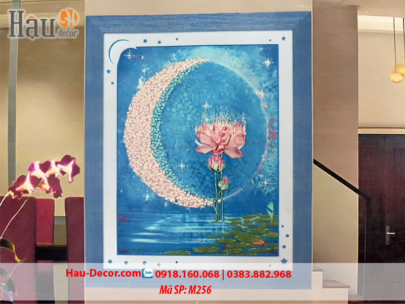 Tranh thêu ruy băng Sen Thưởng Nguyệt M256