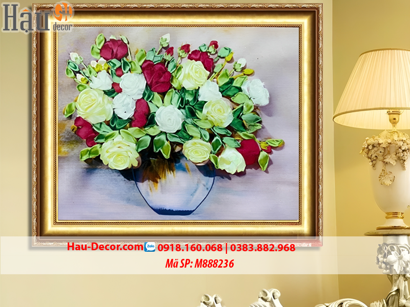 Kit tranh thêu ruy băng Lọ Hoa Hồng Nghệ Thuật M888236