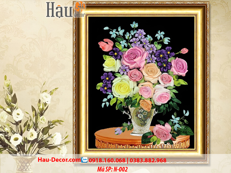 Kit tranh thêu ruy băng Lọ Hoa Nghệ Thuật N-002