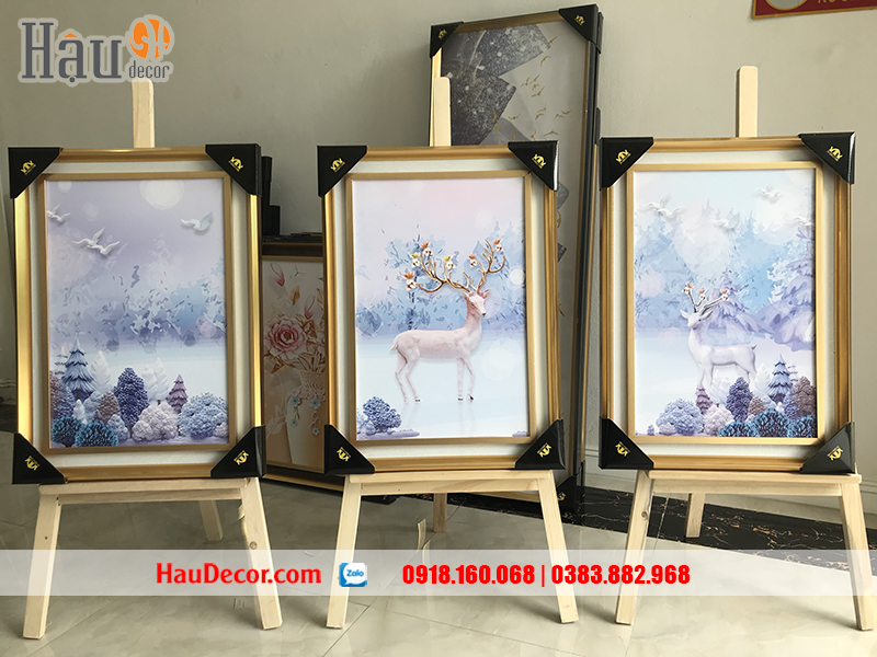 Tranh treo tường hiện đại 3D bộ 3 bức Hươu Tài Lộc N-HL-02