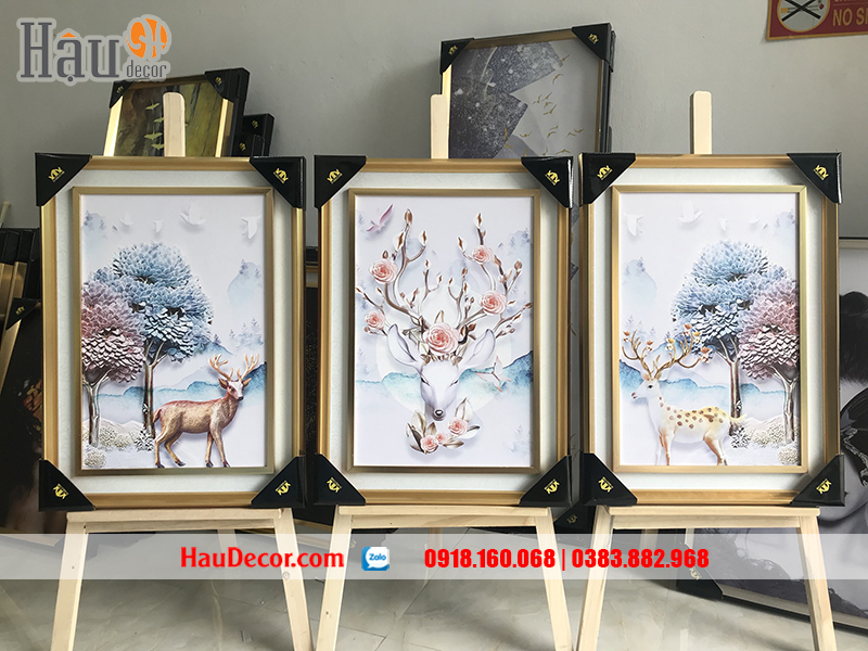 Tranh treo tường hiện đại 3D bộ 3 bức Hươu Tài Lộc N-HL-08