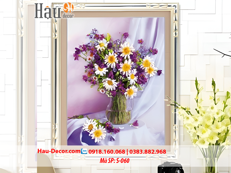 Kit tranh thêu ruy băng Lọ Hoa Cúc Họa Mi S-060