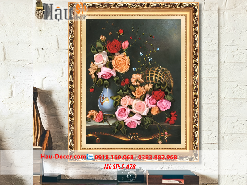 Kit tranh thêu ruy băng Lọ Hoa Hồng Nghệ Thuật S-078