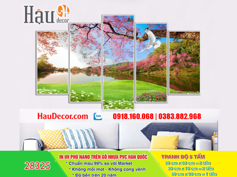 Tranh treo tường hiện đại 3D bộ 5 bức Hồ Nước Mùa Xuân 28325