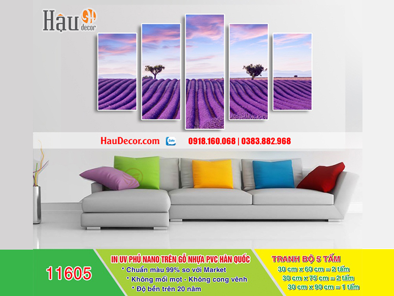 Tranh treo tường hiện đại 3D bộ 5 bức Cánh Đồng Hoa Tím 11605