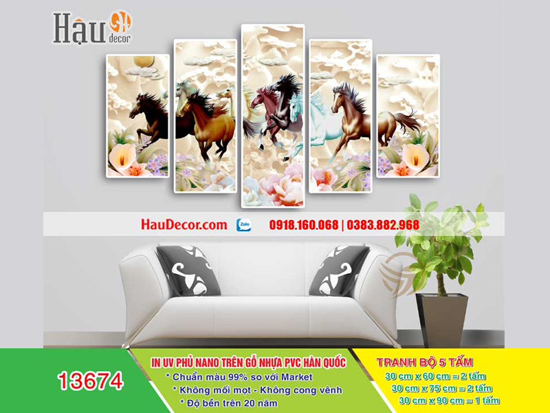 Tranh treo tường hiện đại 3D bộ 5 bức Ngựa 13674