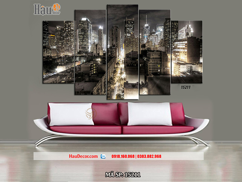 Tranh treo tường hiện đại 3D bộ 5 bức Thành phố về đêm 15211