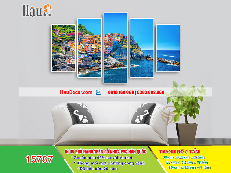 Tranh treo tường hiện đại 3D bộ 5 bức Thị Trấn Ven Biển 15787
