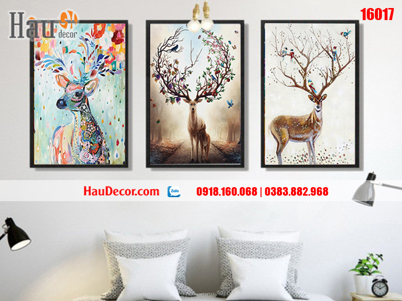 Tranh treo tường hiện đại 3D bộ 3 bức Hươu Tài Lộc 16017-a-b-c