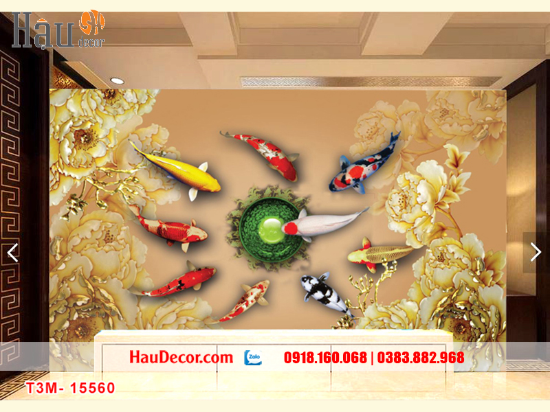 Tranh Dán Tường 3D-5D-8D Cá Chép Hoa Mẫu Đơn 15560
