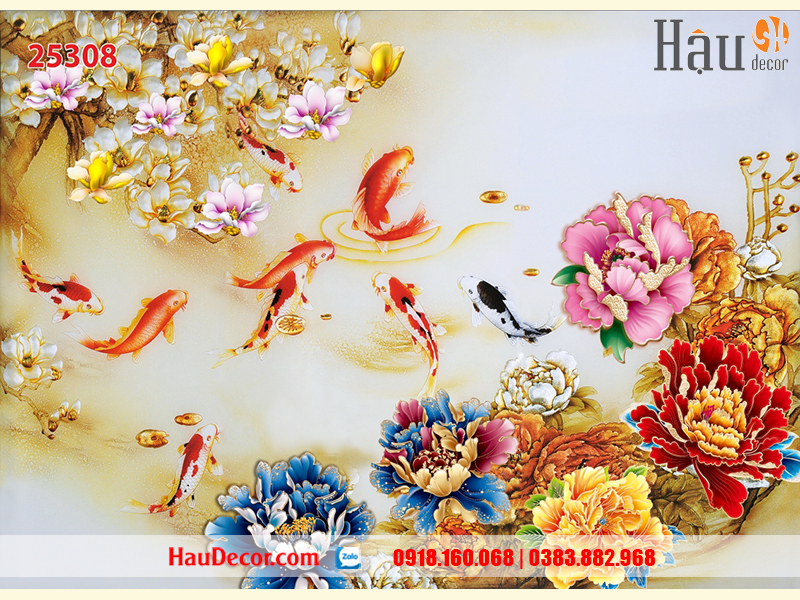 Tranh Dán Tường 3D-5D-8D Cá Chép Hoa Mẫu Đơn 25308