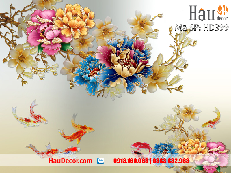Tranh Dán Tường 3D-5D-8D Cá Chép Hoa Mẫu Đơn 399